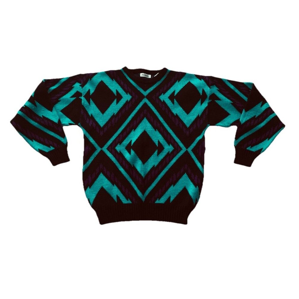 Geometric Patterned Sweater - Teal and Black